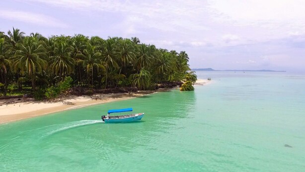 A boat on turquoise waters with a beach and palm trees in the background.