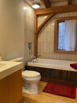 Badewanne, Haartrockner, Handtücher, Seife