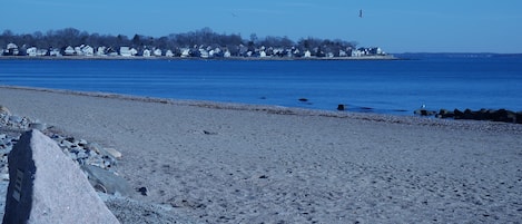 On the beach, sun-loungers, beach towels