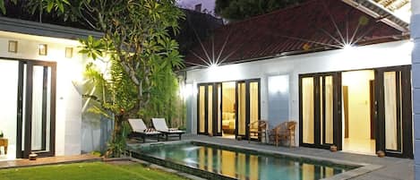 Indoor pool, outdoor pool, pool loungers