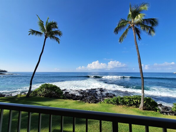 A coastal view with two palm trees, ocean waves, and a clear sky.