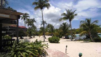 On the beach, sun loungers, beach towels
