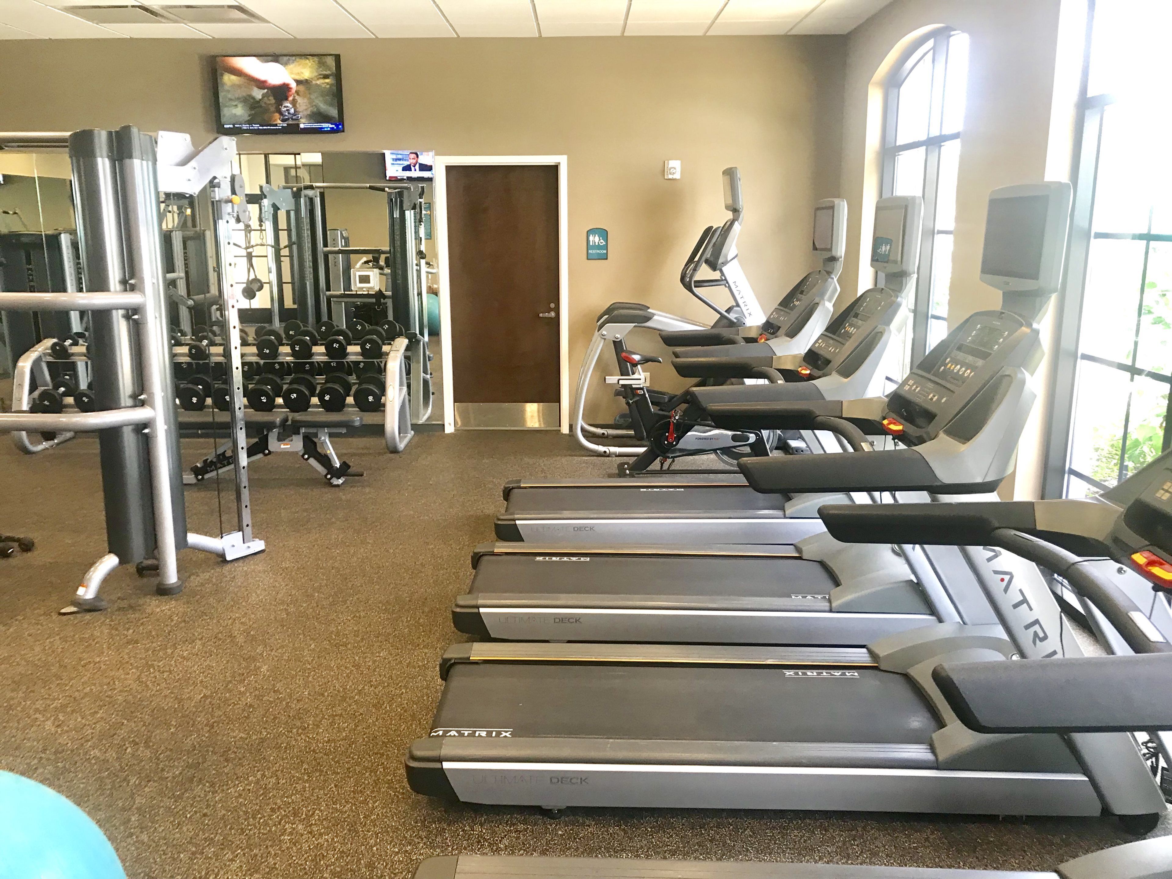 A gym with treadmills, weight machines, and dumbbells.