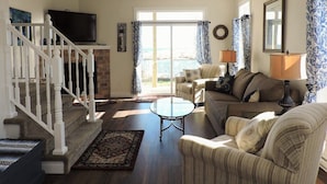 TV, fireplace, books