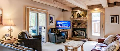 Smart TV, fireplace, DVD player, books