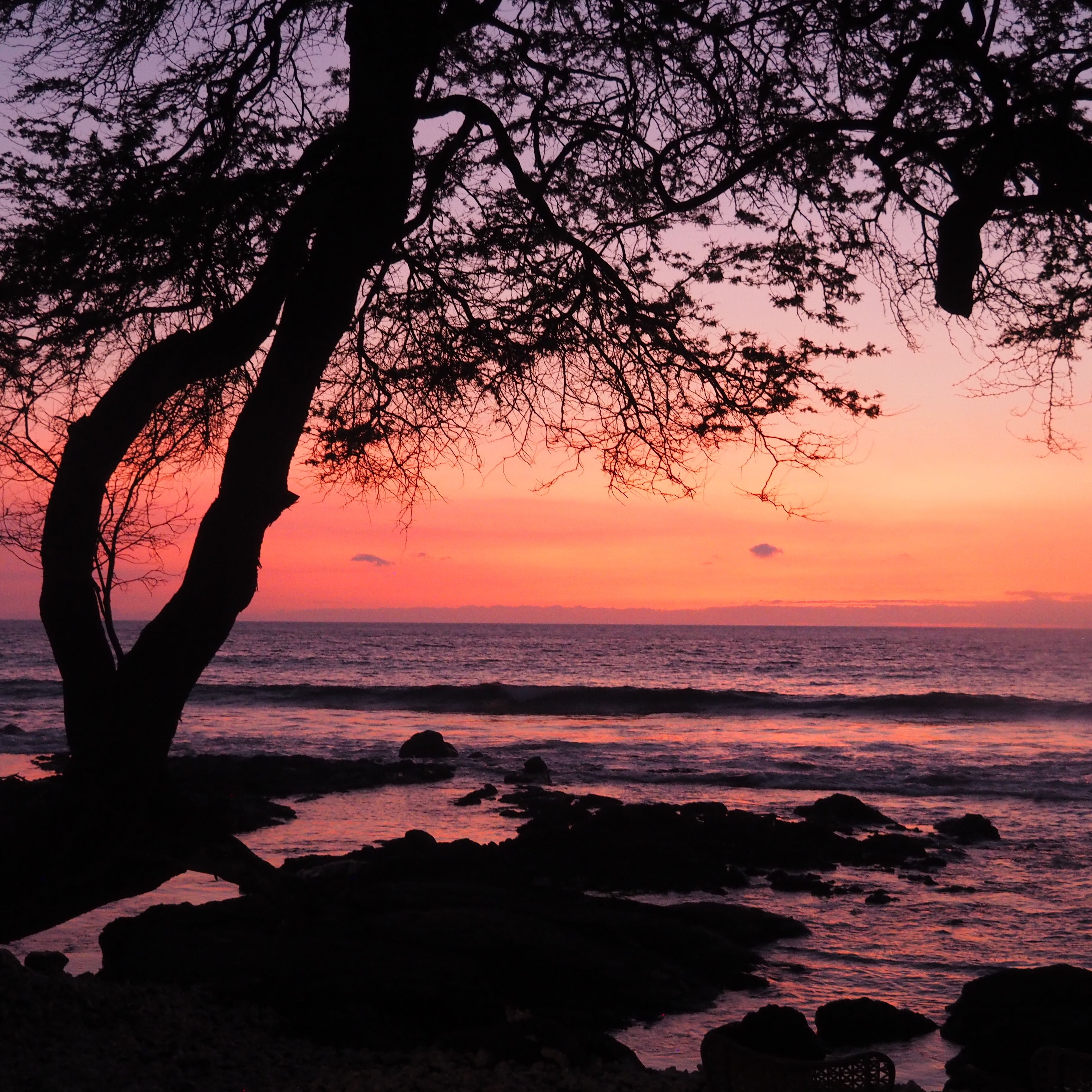 A sunset view with silhouettes of trees and rocks.