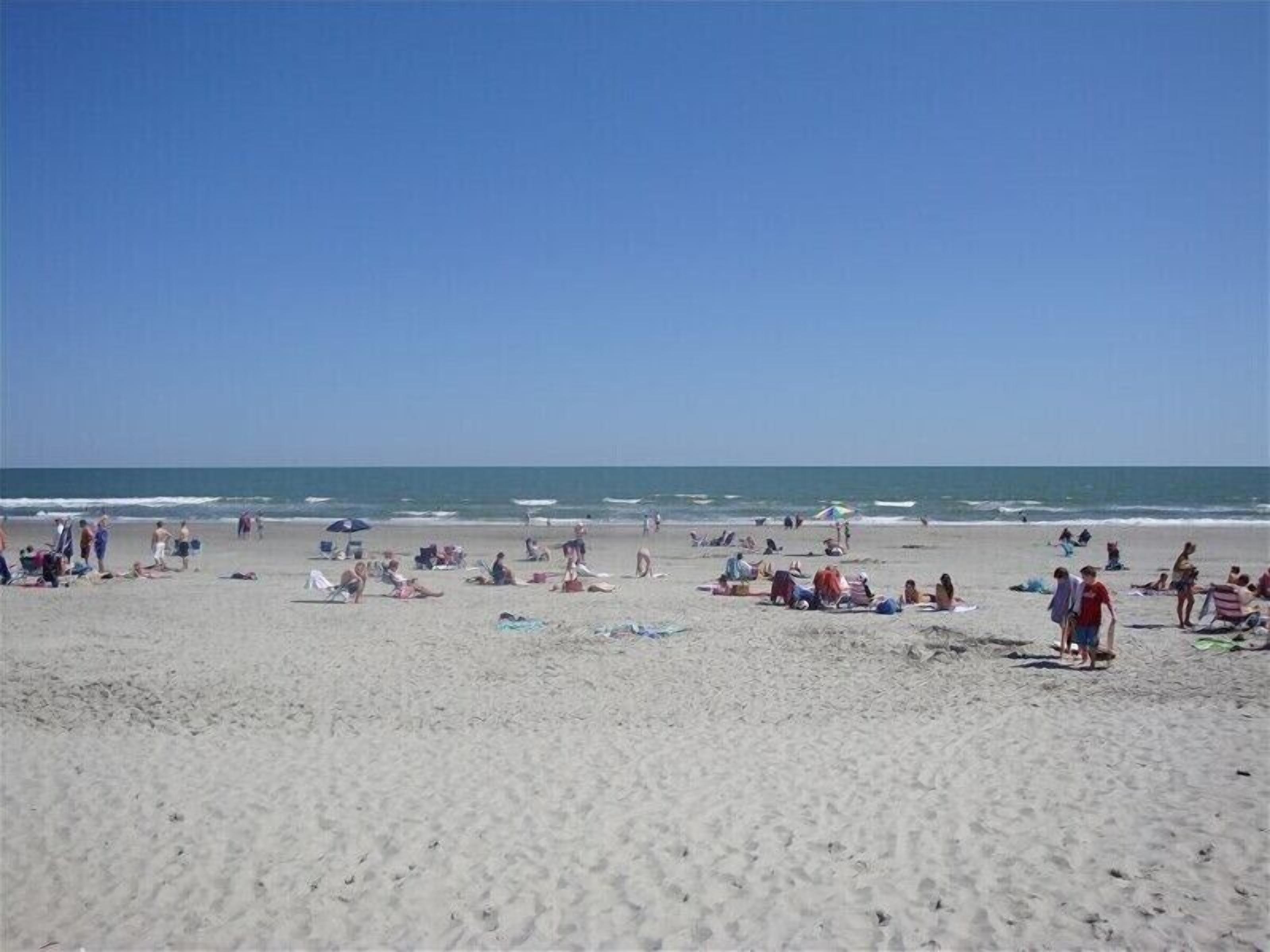 A beach with people sunbathing and walking along the shore.