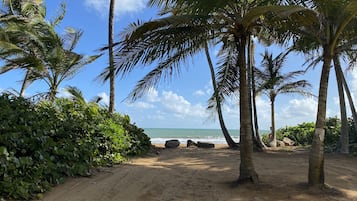 On the beach, sun loungers, beach towels