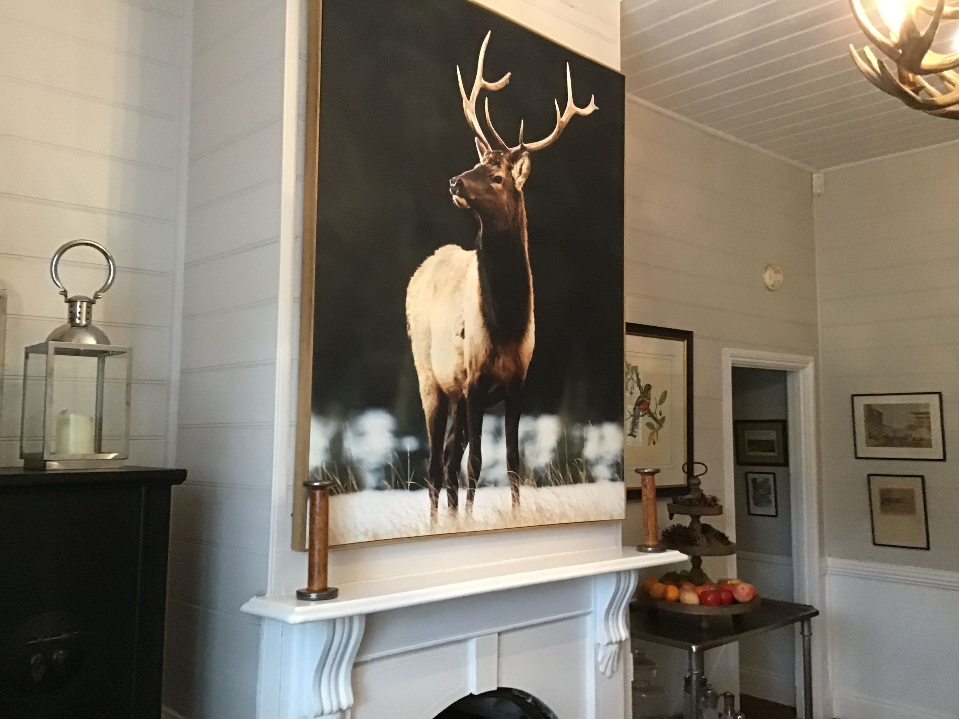 Une cheminée surmontée d’un tableau représentant un cerf.