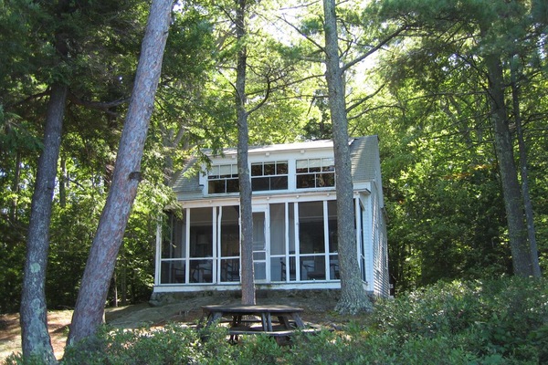 Camp's front porch looks out at Diamond and Rattlesnake Islands.