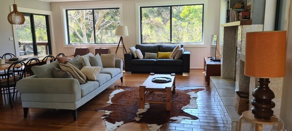 Smart TV, fireplace, DVD player, books