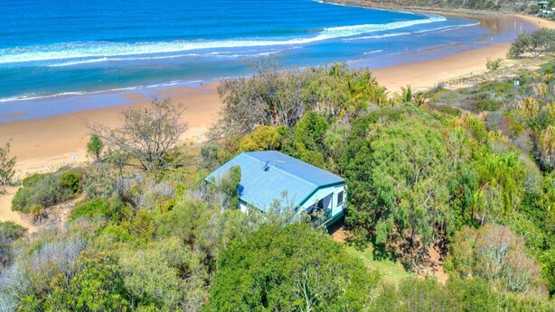 A house with a blue roof surrounded by dense green vegetation, overlooking a beach with waves. - NICK'S PLACE - ON BEACH HOLIDAY HOUSE (AGNES WATER)