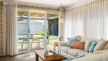 Smart TV, fireplace, DVD player, books