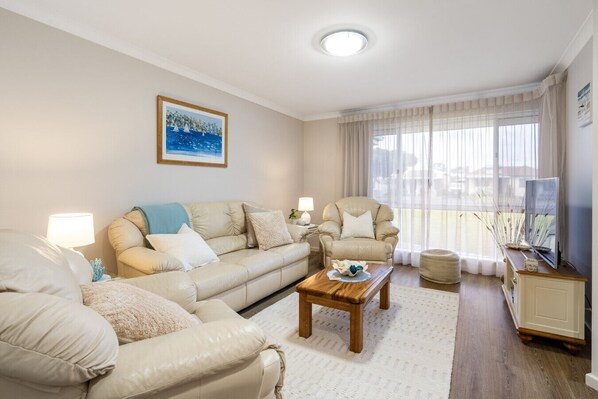 Älytelevisio, takka, DVD-soitin, kirjoja