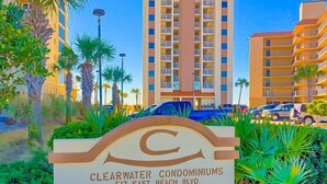 A sign for Clearwater Condominiums at 517 East Beach Blvd.