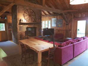 TV, fireplace, books, stereo