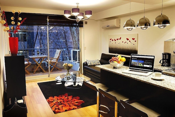 Living room of Fitz Roy Suite, a one-bedroom vacation-rental condo on an excellent block of Palermo Hollywood in Buenos Aires, Argentina.