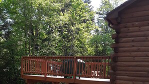 Une terrasse en bois avec une rambarde, un escalier menant à un bâtiment, et une zone herbeuse avec des arbres en arrière-plan.