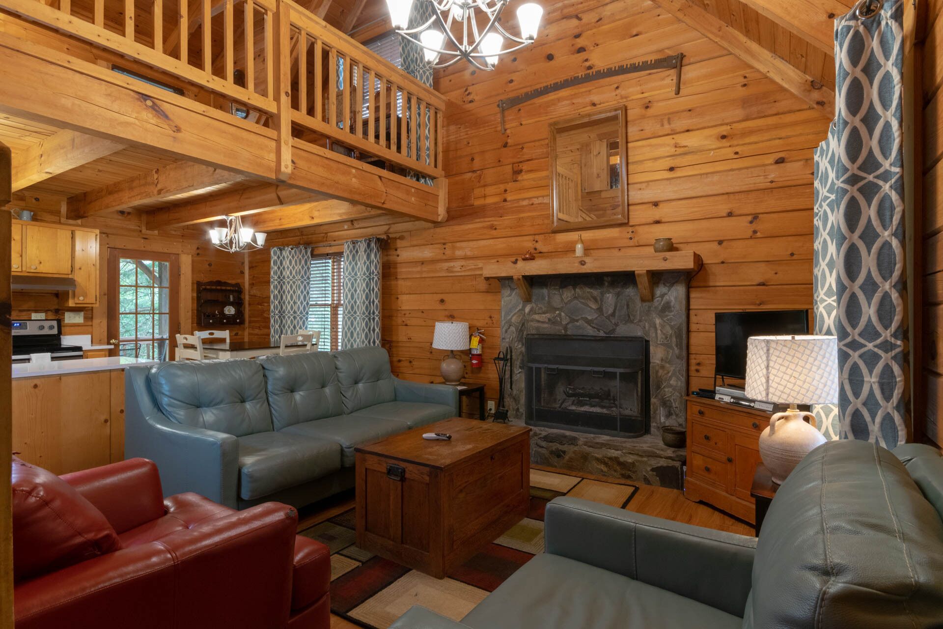 Cabin with a fire place in the woods