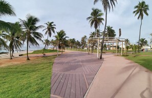 Une promenade dallée bordée de palmiers, une structure en bois et une plage en arrière-plan.