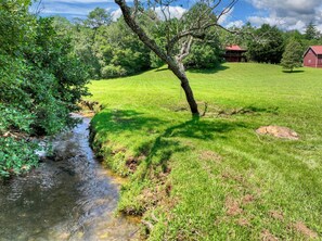 Property grounds - Meadow Creek - Pet-friendly retreat with rambling creek, hot tub, fire-pit, WiFi, and sprawling manicured meadow land for serene relaxation (Morganton)