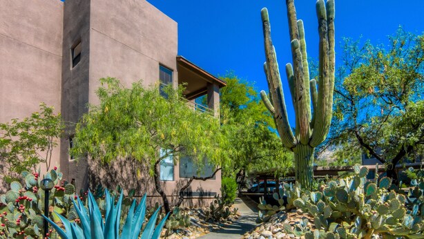 A building with a modern architectural style, surrounded by cacti and desert vegetation. - Ventana Canyon Resort-Style Condominium (Tucson)
