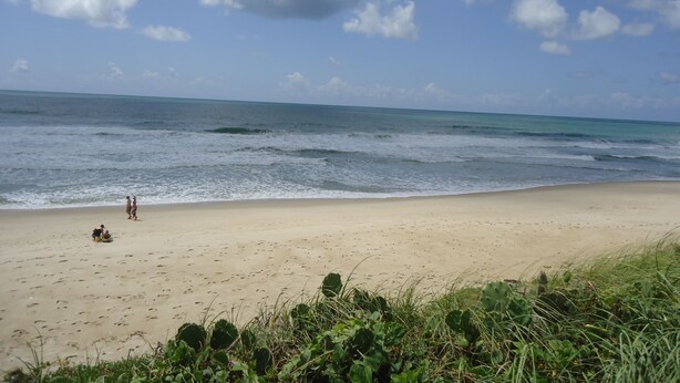 Uma praia com areal e ondas do oceano.