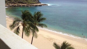 A beach with clear turquoise water, palm trees, and a rocky cliff.