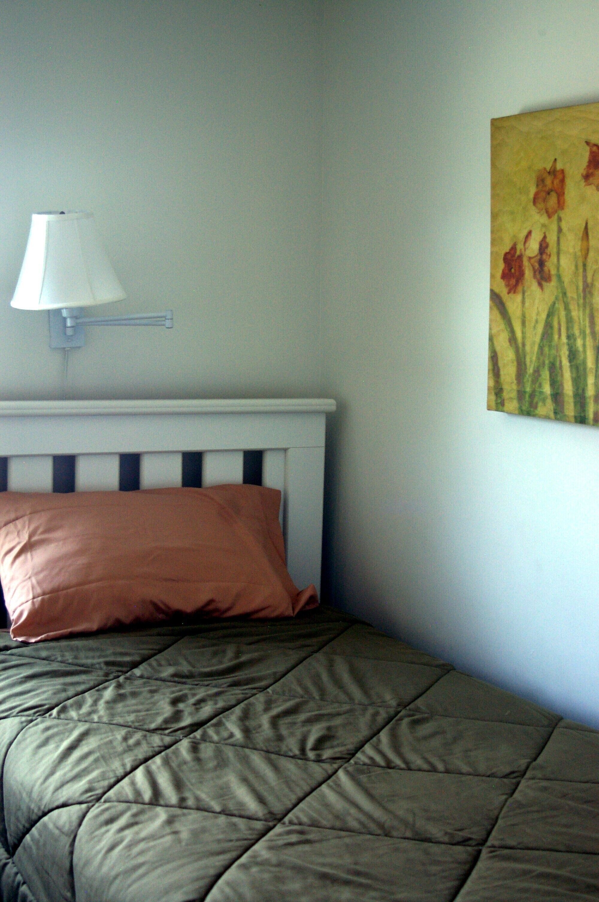 A bedroom with a bed, a wall-mounted lamp, and a painting.
