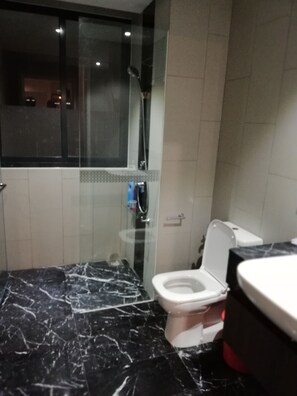 Hair dryer, shampoo, toilet paper