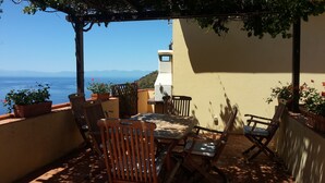 Una terrazza con mobili in legno, piante in vaso e vista sul mare e sulle montagne.