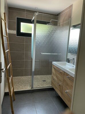 Shower, hair dryer, towels, soap
