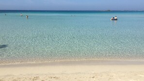 A beach with clear turquoise water and a sandy shore.