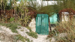 Un bâtiment blanc avec des volets verts et une entrée fermée par un portail.