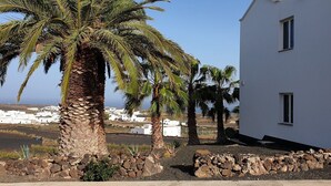 A white building with two windows, surrounded by a stone wall and palm trees.