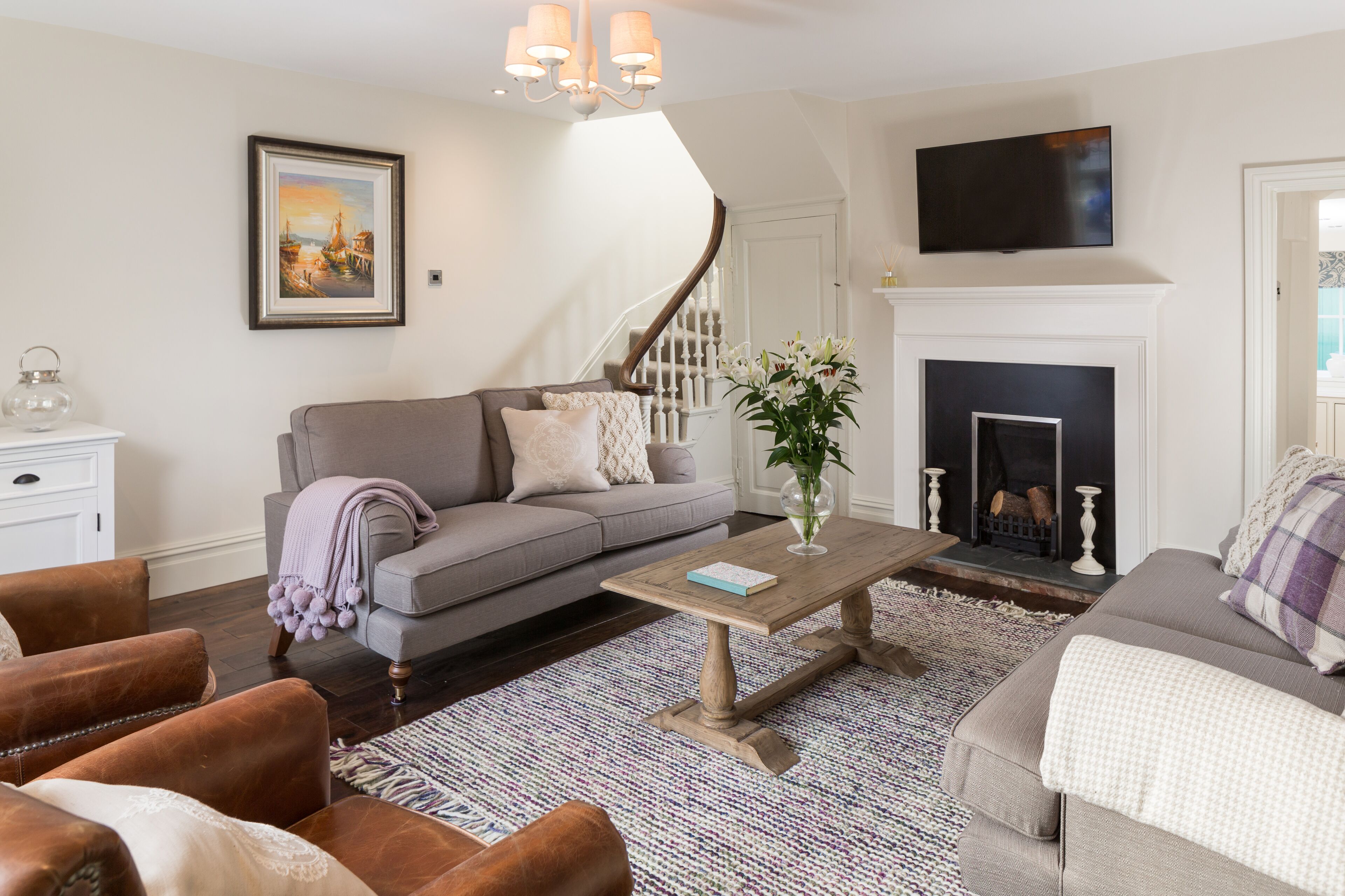 Smart TV, fireplace, books, video library