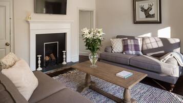 Smart TV, fireplace, books, video library