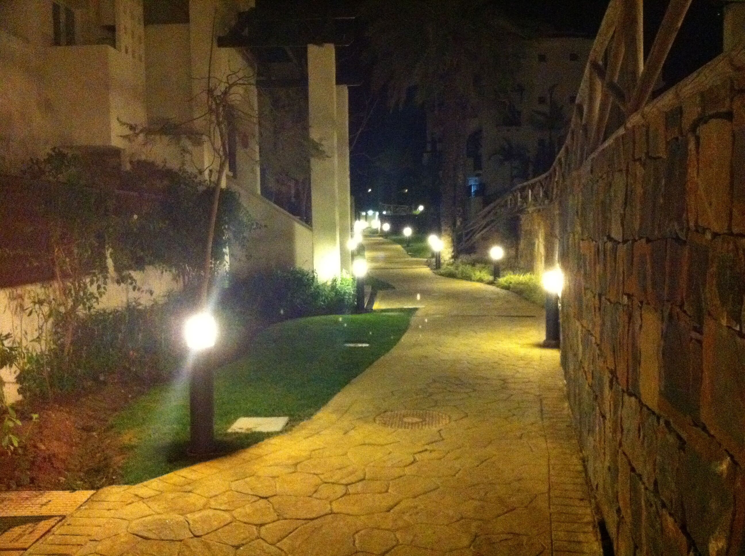 A nighttime pathway with stone paving, illuminated by street lamps, flanked by buildings and greenery.