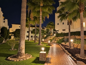 Een nachtzicht van een resort met een geplaveid pad, palmbomen en verlichte gebouwen.