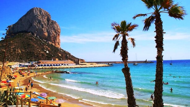 A beach with a rocky cliff, palm trees, and a marina with boats.