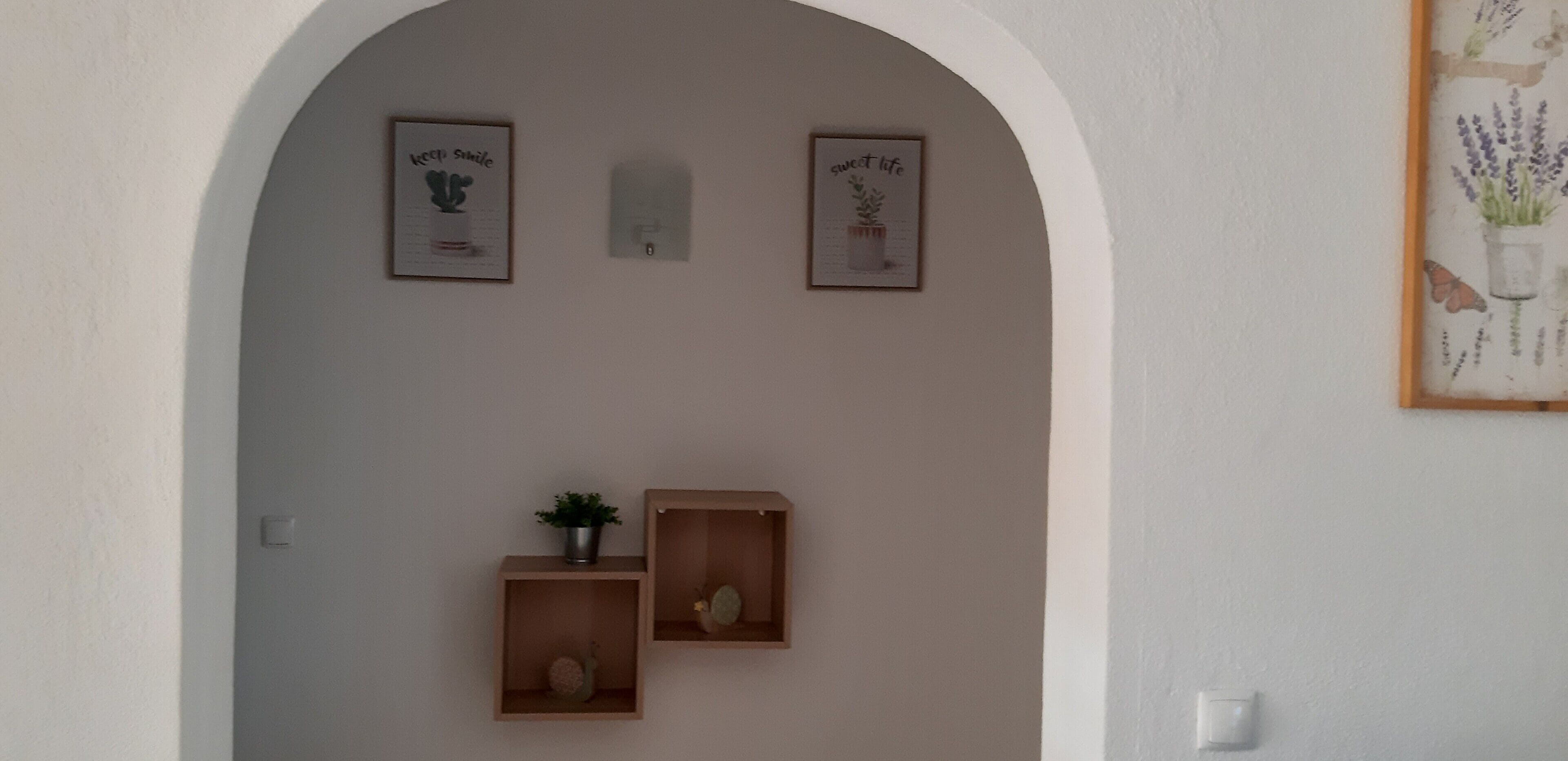 A hallway with an arched doorway, two framed signs on the wall, and two wooden display cases with plants.