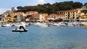 A marina with boats docked, surrounded by buildings with red roofs and a hill with trees in the background. - Franco House in the Old Town (Marina di Campo)