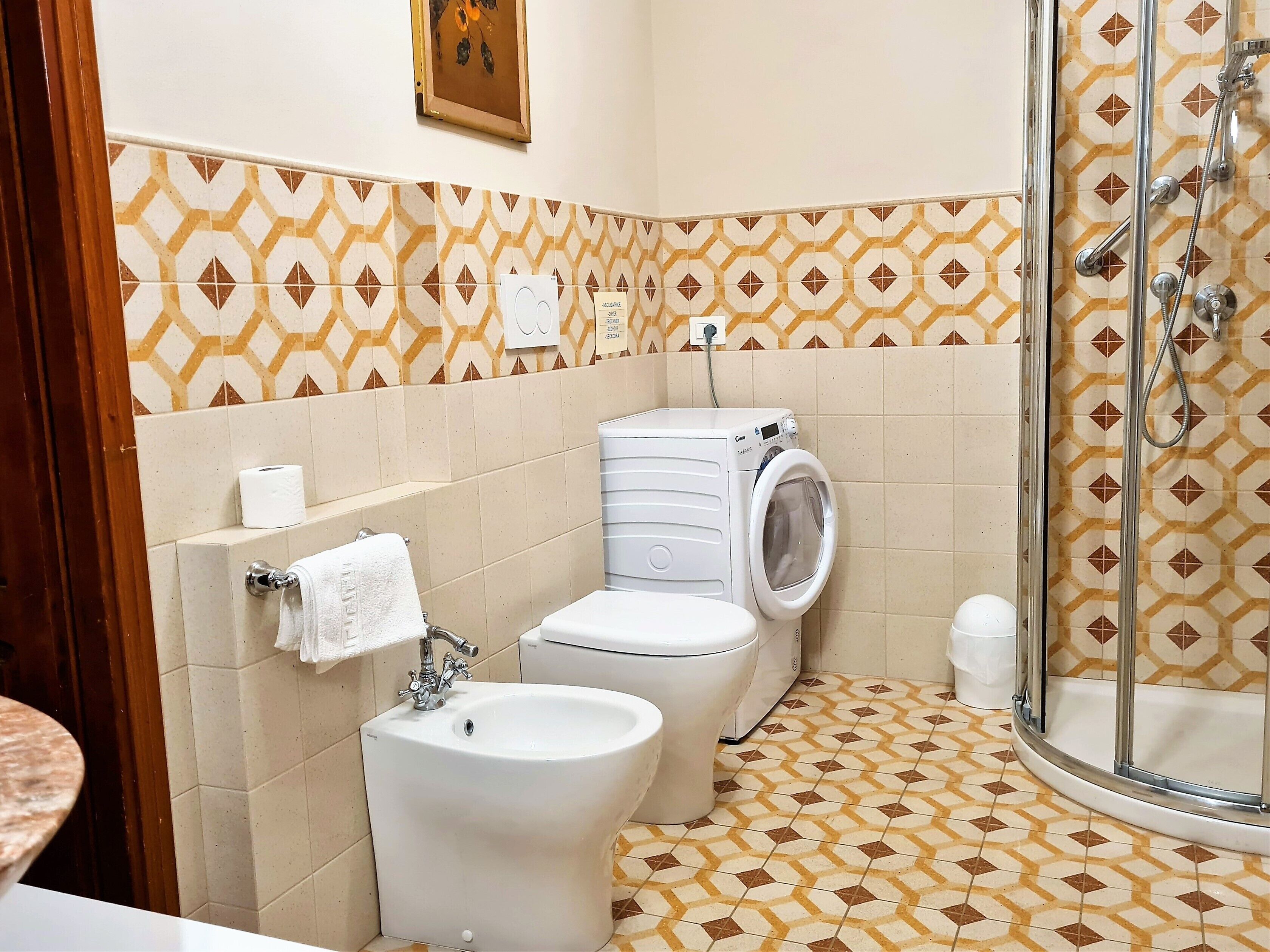 A bathroom with a washing machine, toilet, bidet, and shower.