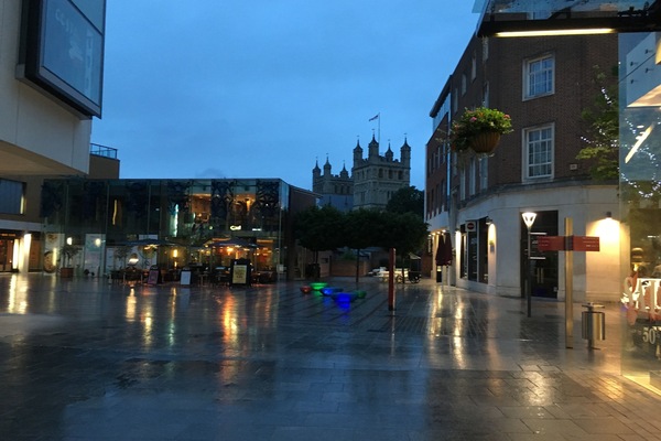 The apartment building at night with views over to Exeter Cathedral