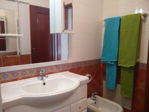 A bathroom with a white sink, a bidet, and a mirror. There are two towels hanging on the wall.