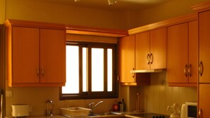 Une cuisine compacte avec des meubles en bois, un four encastré, un four à micro-ondes et un lave-linge.