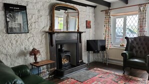 A living room with a fireplace, a television on a stand, a green leather sofa, and a patterned rug. - Traditional Stone Cottage (Ammanford)