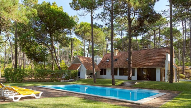 A house with a swimming pool, surrounded by trees and a well-maintained lawn. - Garden, near the beach, car essential (Banzão)