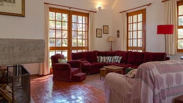 Télévision, cheminée, table de tennis de table, livres