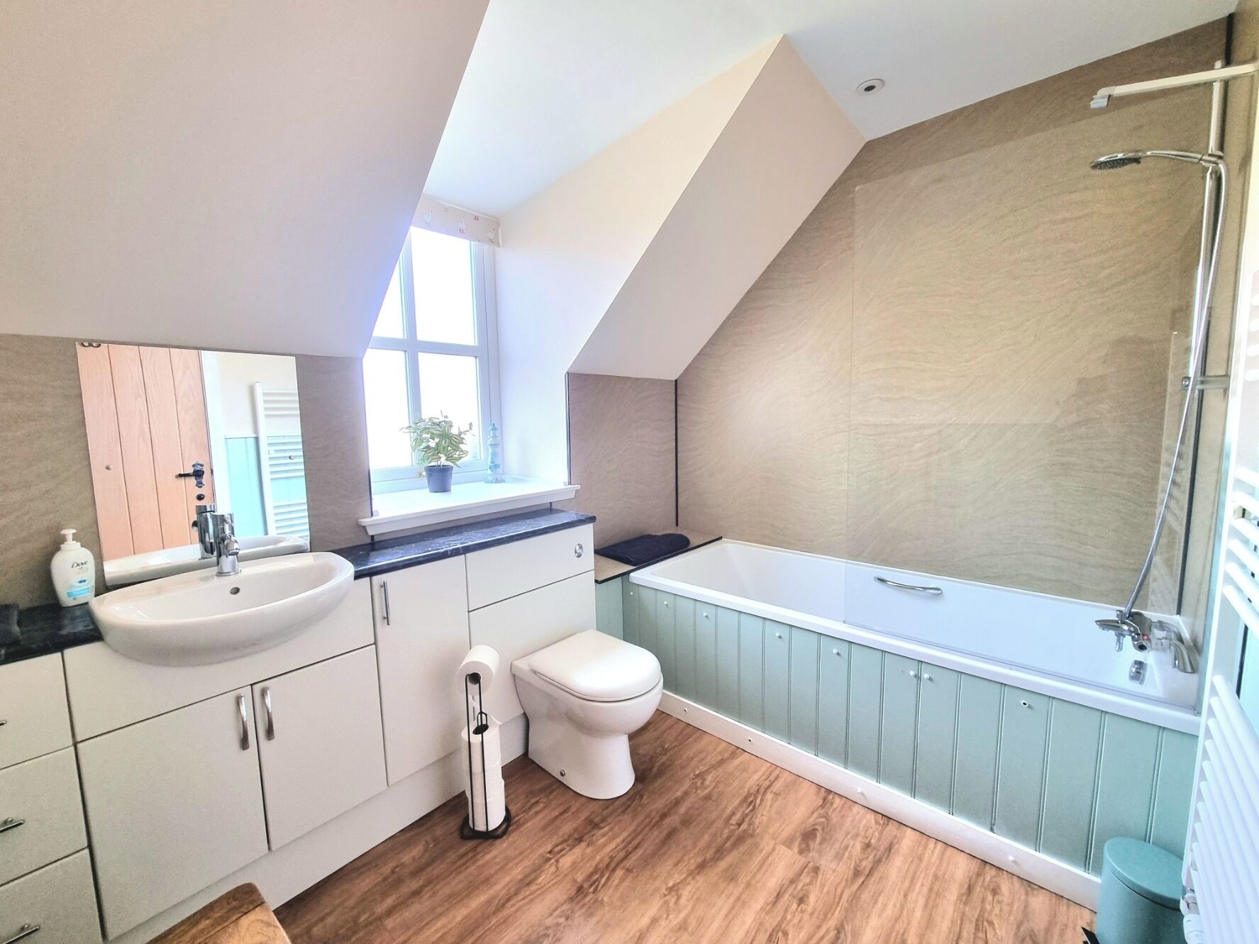 Combined shower/tub, hair dryer, towels, soap